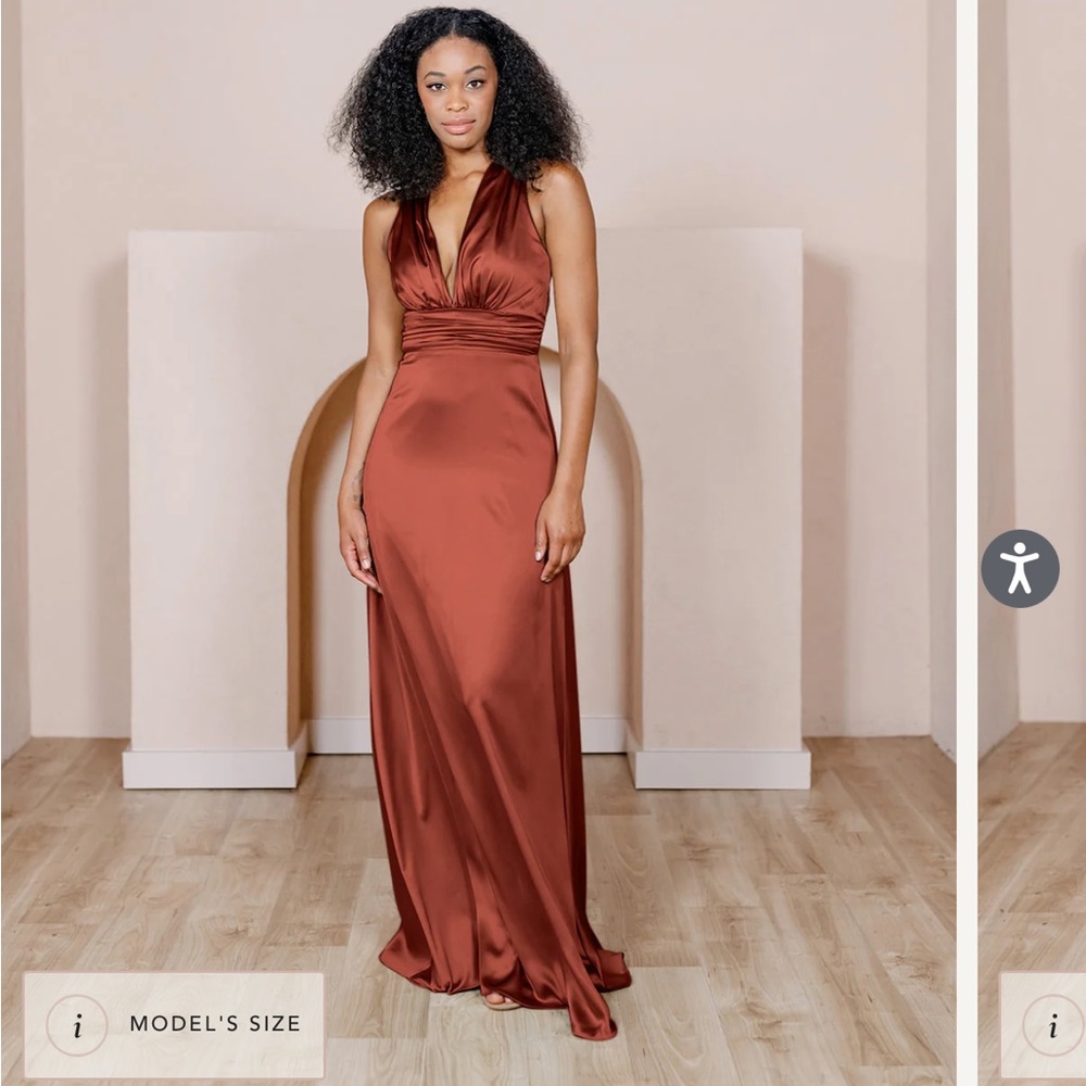 Revelry Dylan Satin Dress in Terracotta Rust